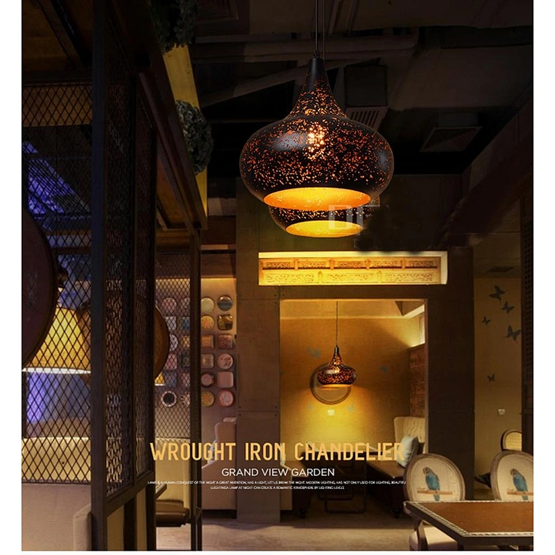 2019 Retro LED Pendant Lights LOFT Art Hollow Carving Etched Wrought Iron Single Head E27 Chandelier Lamp Bar Lighting Fixture