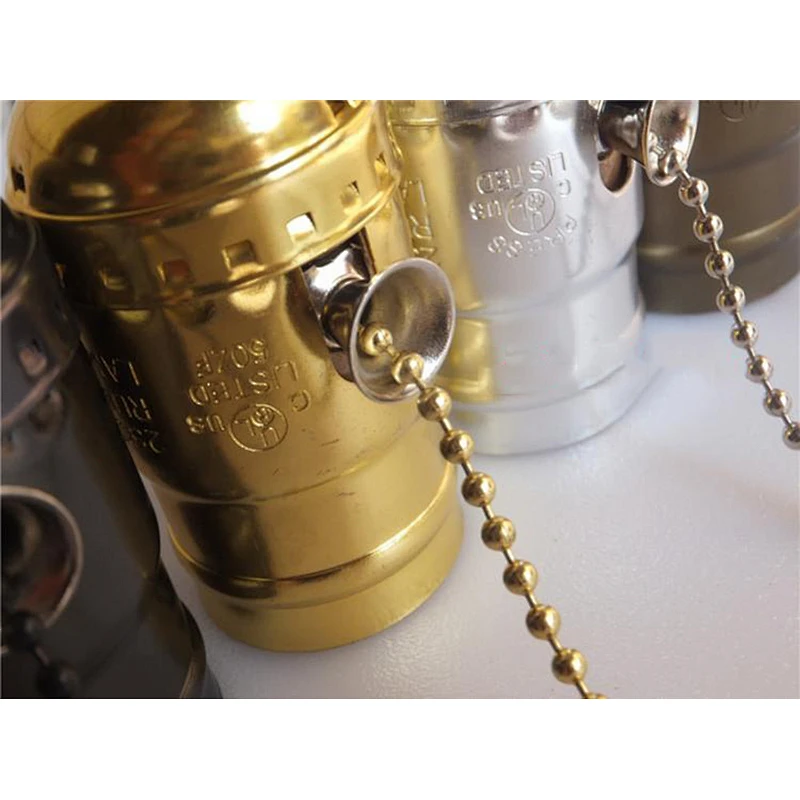 Vintage E27 Aluminum Retro Antique Lamp Base Holder Aluminum Shell Bulb Light Screw Socket Decorative Gold Zipper Switch