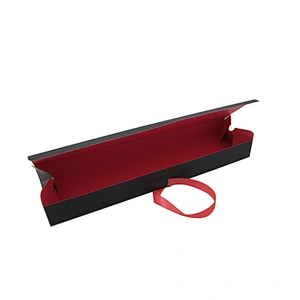 Custom folded black outside red inside wig box with ribbon