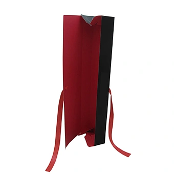 Custom folded black outside red inside wig box with ribbon