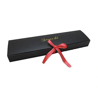 Custom folded black outside red inside wig box with ribbon