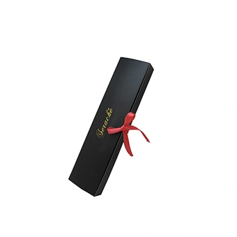 Custom folded black outside red inside wig box with ribbon