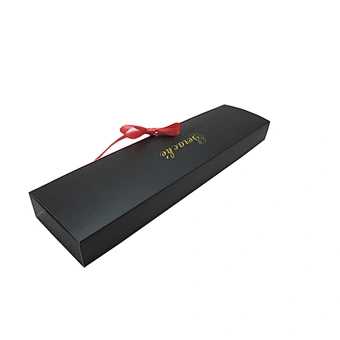Custom folded black outside red inside wig box with ribbon