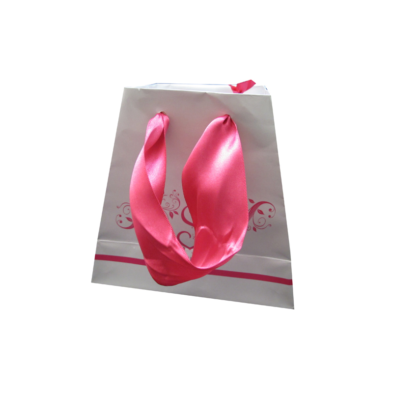 Custom printed cosmetic paper bag with ribbon handle