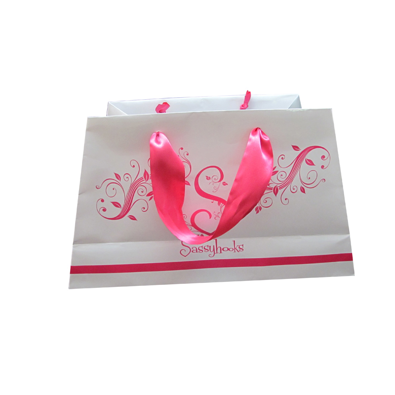 Custom printed cosmetic paper bag with ribbon handle