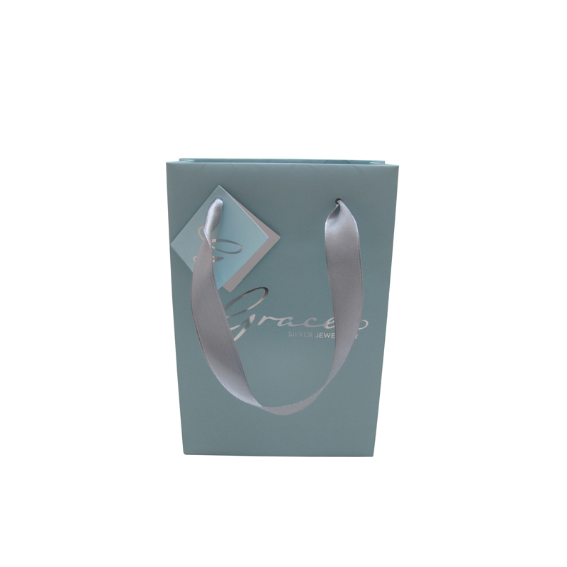 Accept custom printed blue paper bag with ribbon