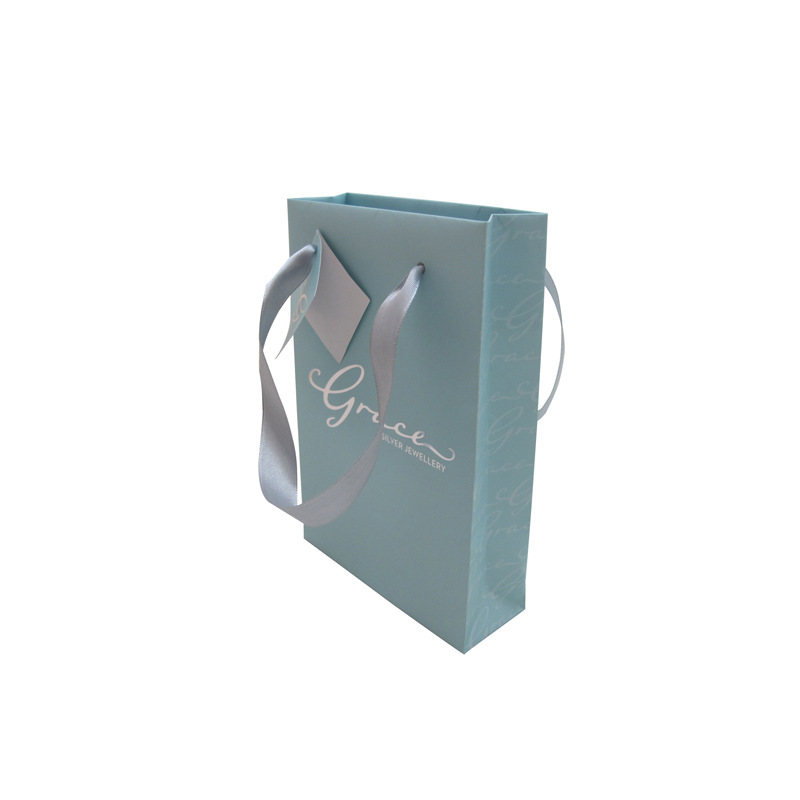 Accept custom printed blue paper bag with ribbon