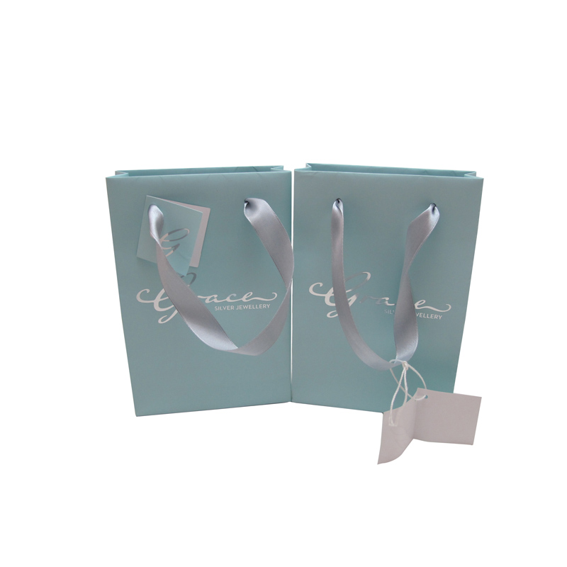 Accept custom printed blue paper bag with ribbon