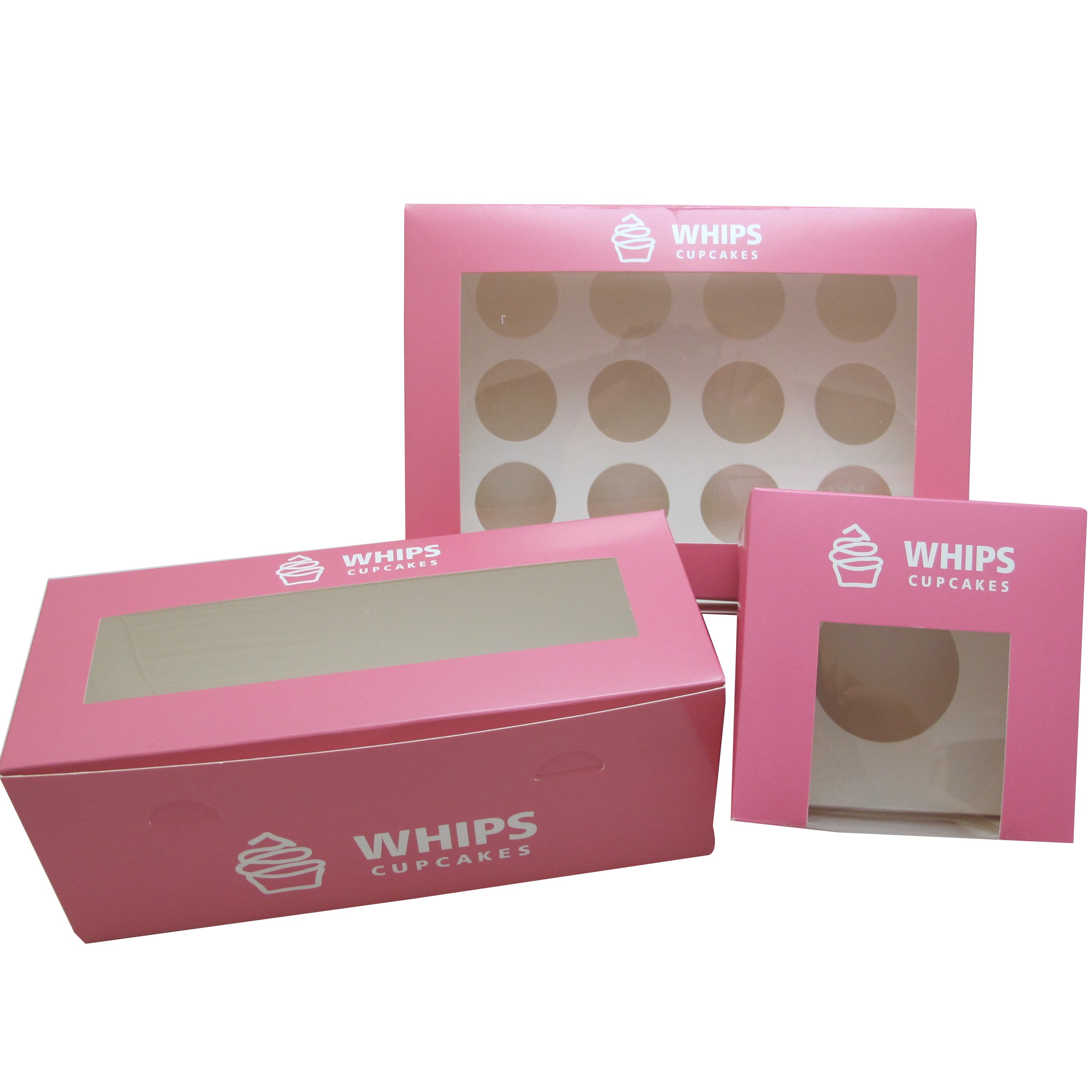 Set pink cupcake box with clear window and paper bag