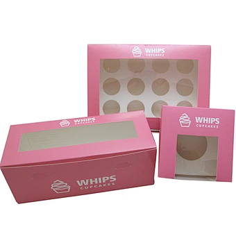 Set pink cupcake box with clear window and paper bag