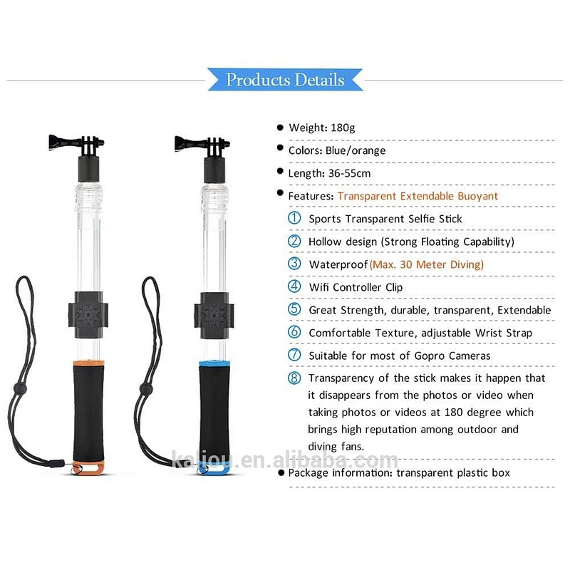 New Arrival Extendable Transparent Float Handheld Monopod Selfie Stick With Wifi Remote Holder Clip for Go Pro