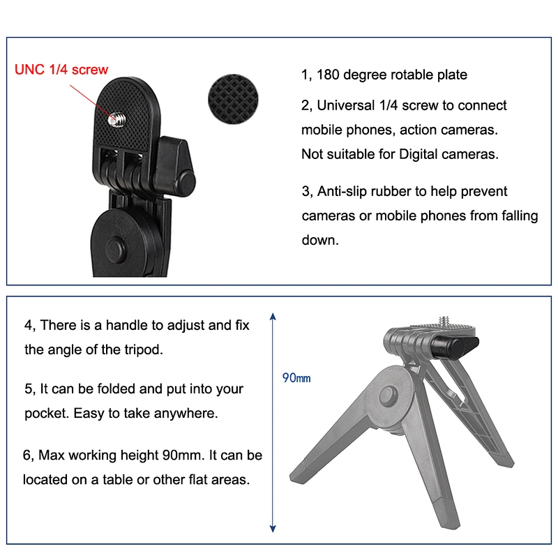 Kaliou 180 Degree Rotating Table Mini Tripod Smart phone Cellphone Mobile Phone Go Pro Tripod for iphone Go pro 7 6 5 4 3 2 1
