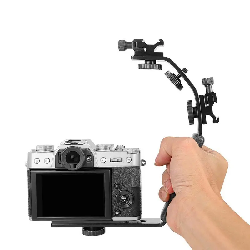 Universal Flash Camera Grip L Bracket with 2 Standard Side Hot Shoe Mount for Flash DSLR Video Light Camcorder Holder