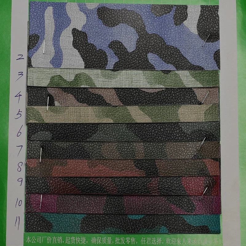 PVC cloth leather with camouflage printing on surface with lychee embossed popular use for handbags