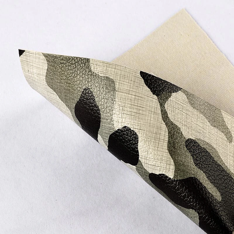 PVC cloth leather with camouflage printing on surface with lychee embossed popular use for handbags