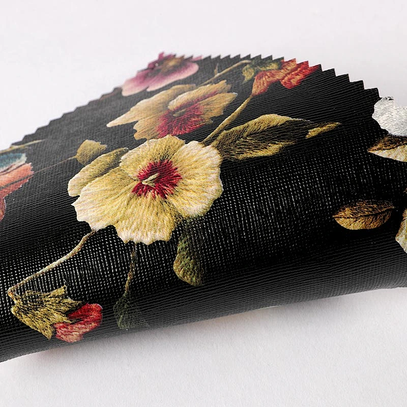 Embossed and flower PVC leather for ladies handbag with Colored Imitation Cotton Backing