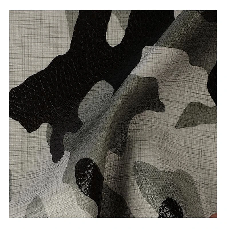 PVC cloth leather with camouflage printing on surface with lychee embossed popular use for handbags