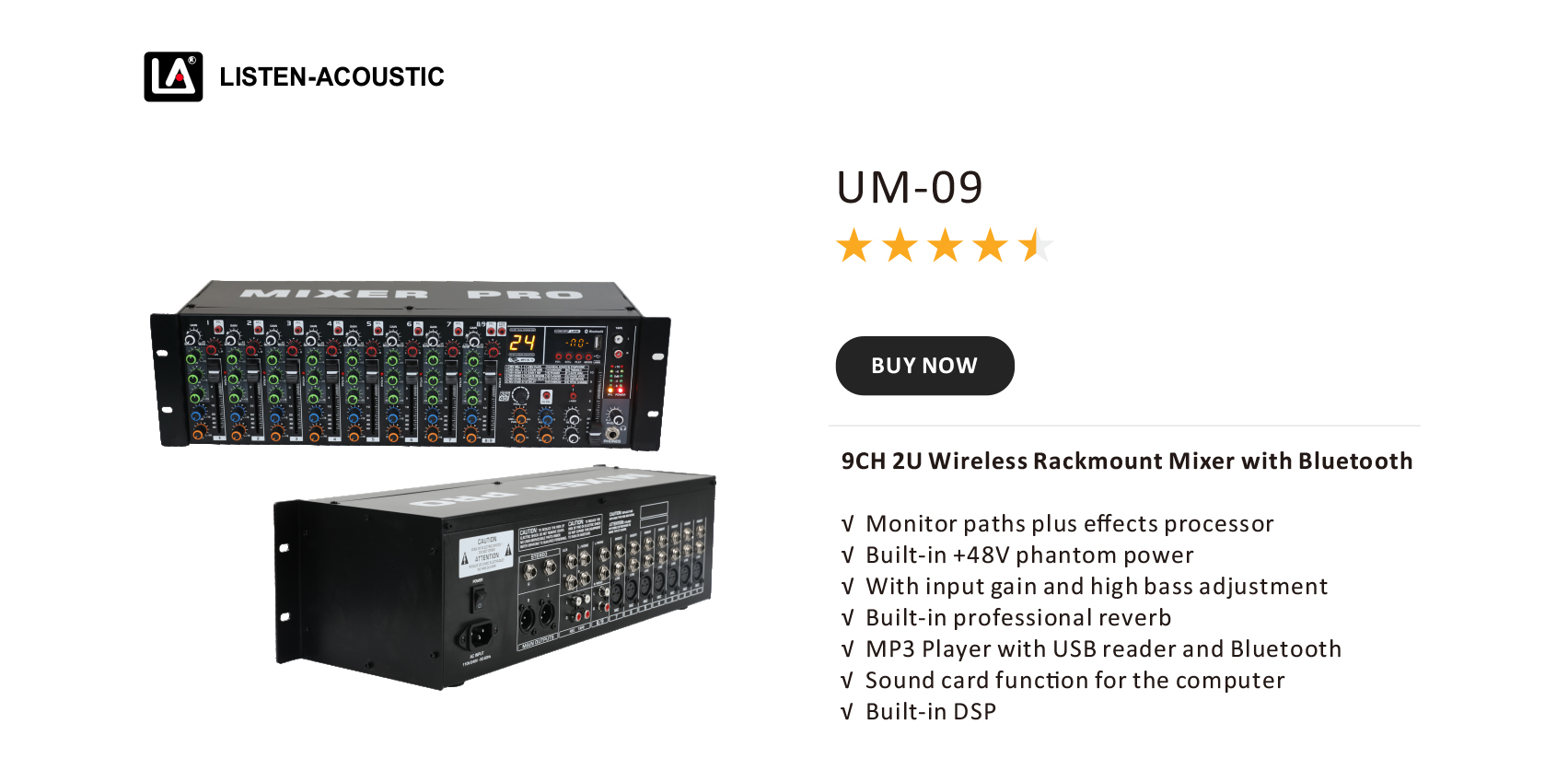 Mixer, Audio Mixer, sound mixer, amplifiers, 1U Mixer, 4 CHS Mixer, Speaker Mixer, 9CH 2U Wireless Rackmount Mixer with Bluetooth