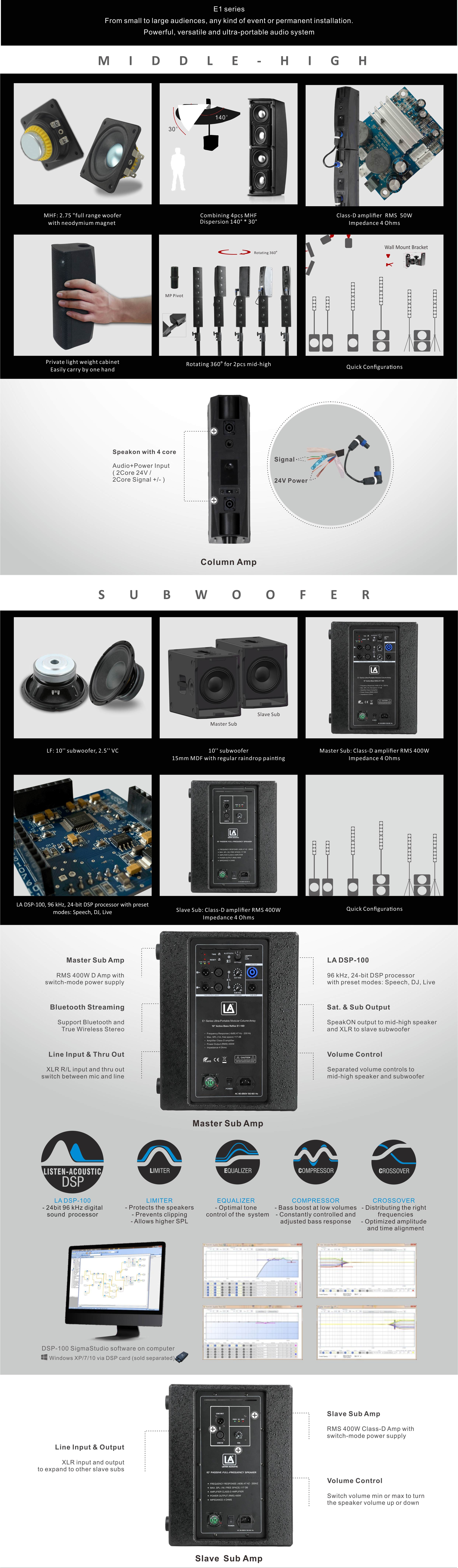 Combination Systems E1 Series, Portable Loudspeakers, powered line array speakers, E1 Plus best line array speakers for Dj