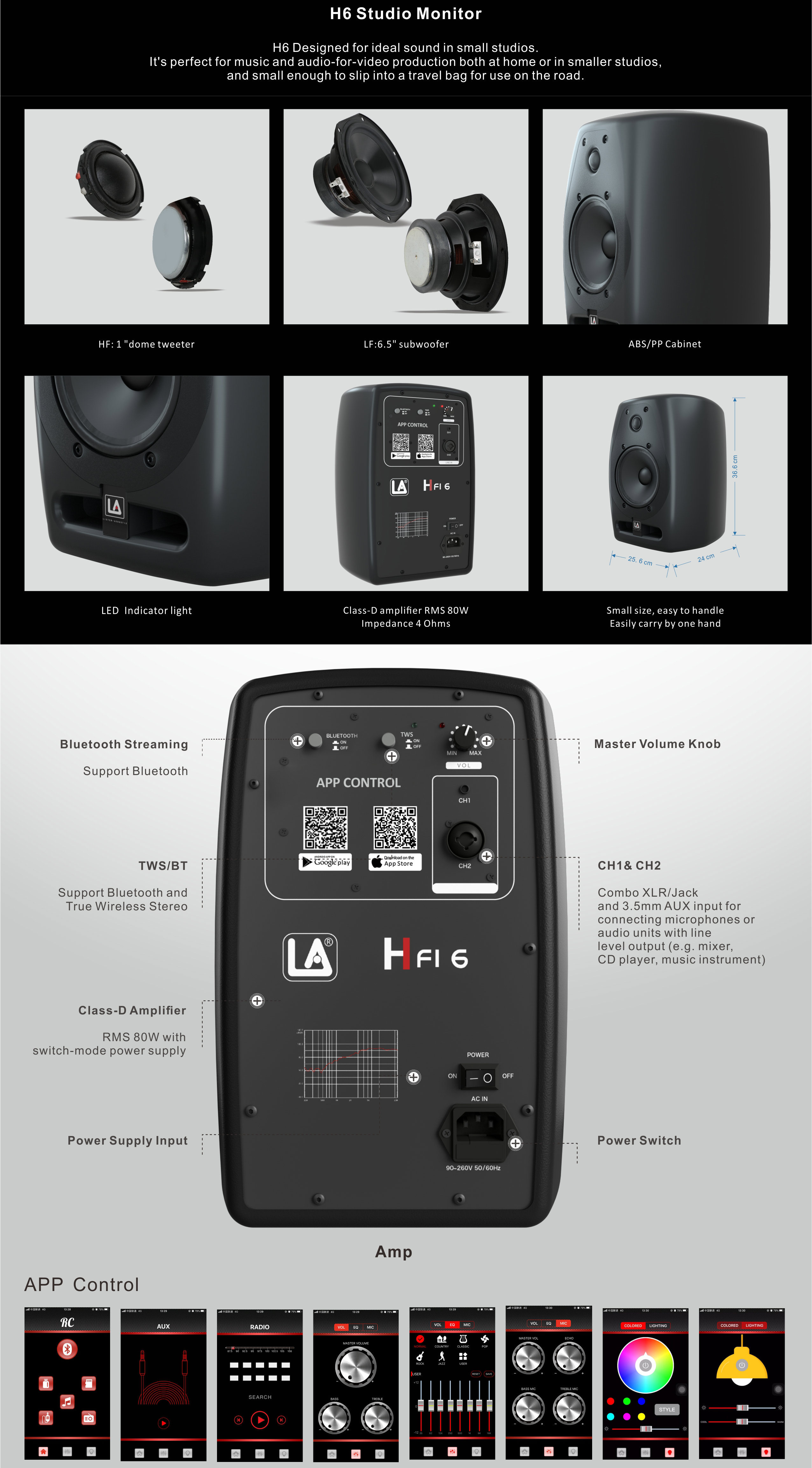 active studio monitor speakers, monitor studio, studio active, Studio Monitors, h6 2 way active bi amp studio monitor, H6 Series Monitor Speakers