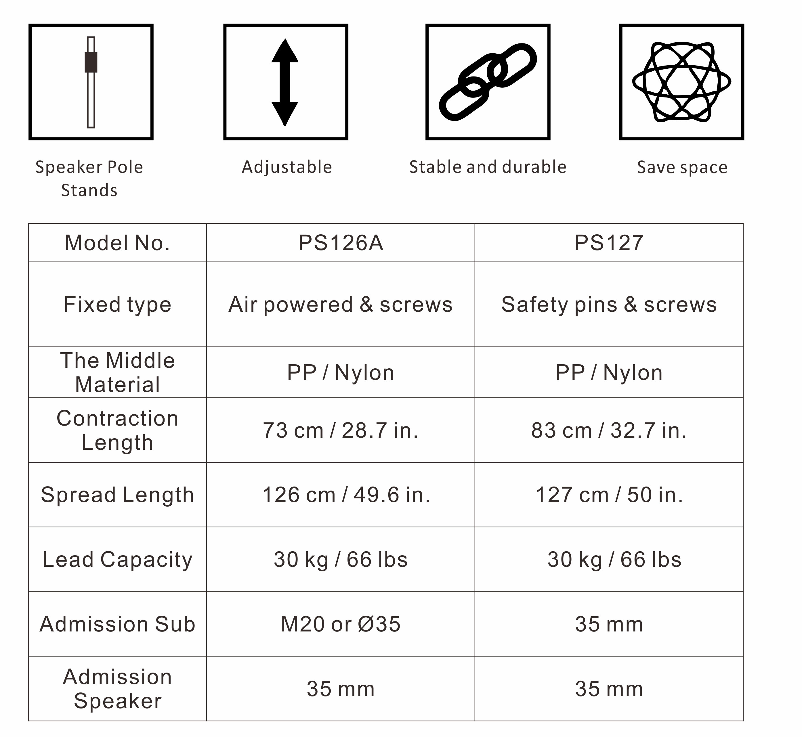 speakers stands, speaker stand tripod, pa speaker stands, Adjustable Stand Pole, Accessories, Speaker Stands, distance pole 127cm spread length ps 127 adjustable stand pole