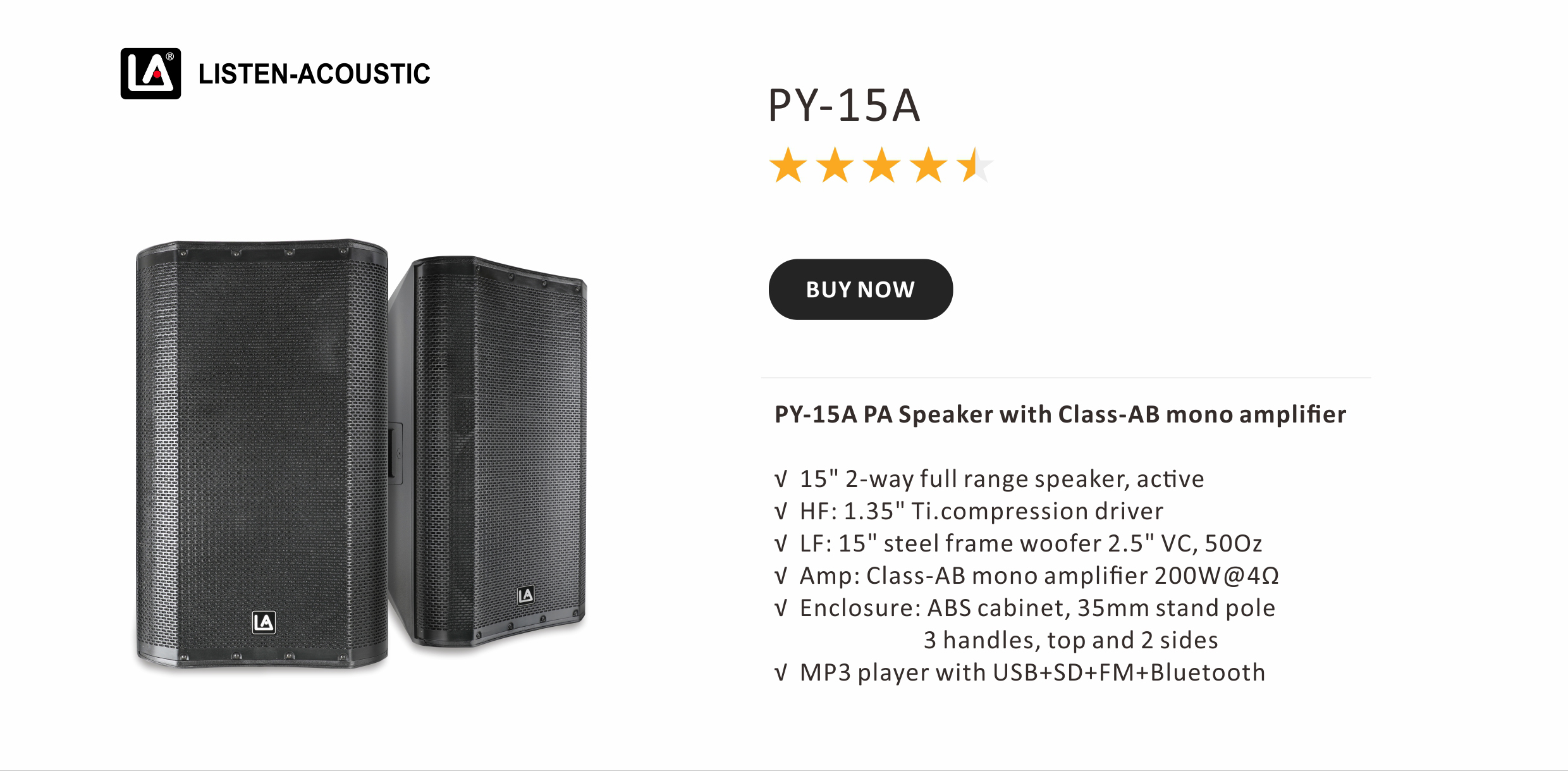 Powered & Passive PA Speakers, dj equipment, PA Speaker, ABS Molded PA Speakers, PY 15A Speaker with Class AB Mono amplifier