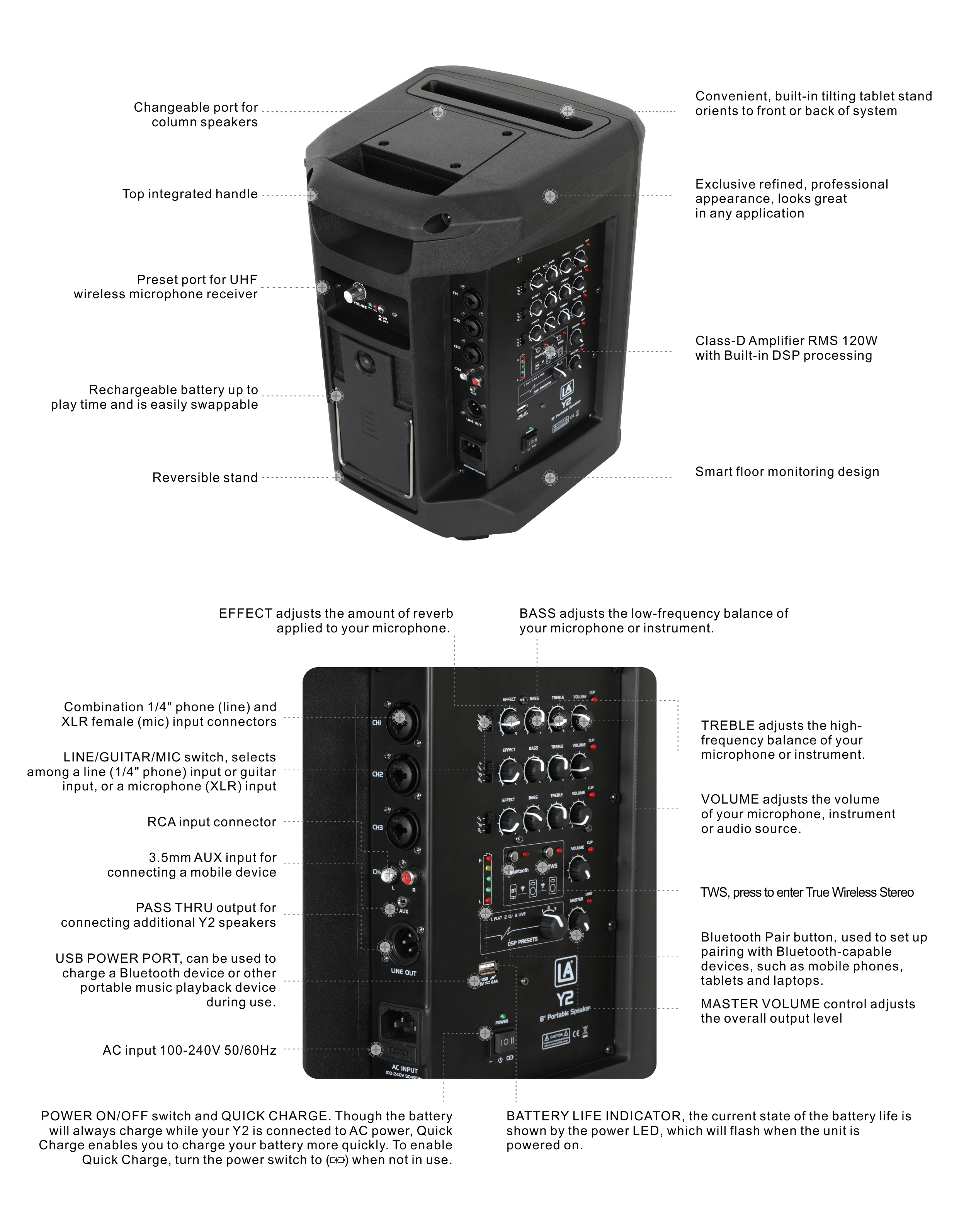 Portable speakers, compact speaker, All in One Speaker Y2 Series, Multi function speakers, Bluetooth speaker, Portable Sound Speakers Y2 Series