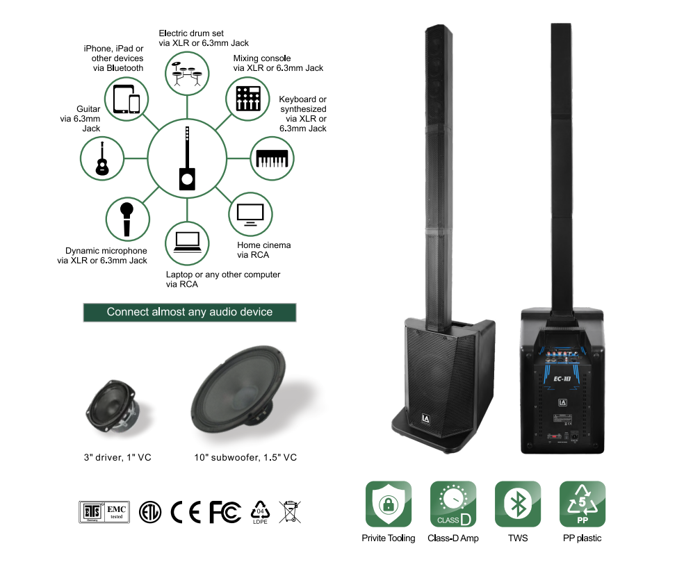 Portable column system EC 10 Series, column speaker, active speaker