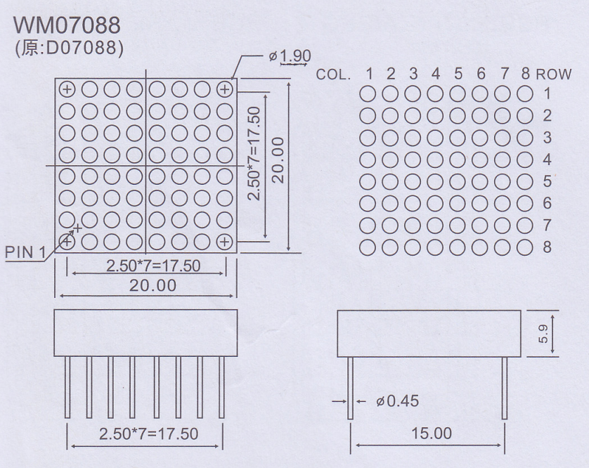 1.9mm LED matrix display dimension drawing 20x20mm