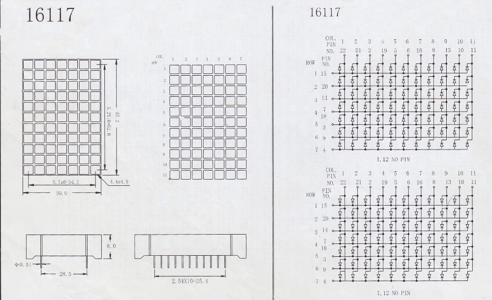 57.2x39.9x8mm 11x7 LED Dot Matrix Display size information