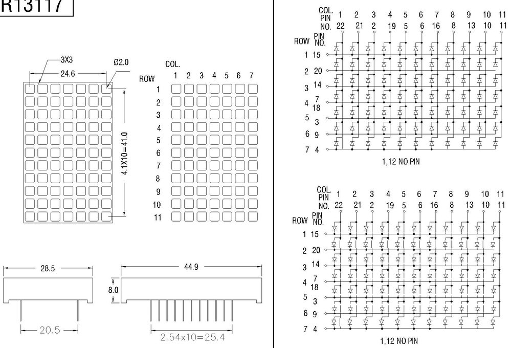 11x7 Dot Matrix LED Display Common Cathode and Anode Structure