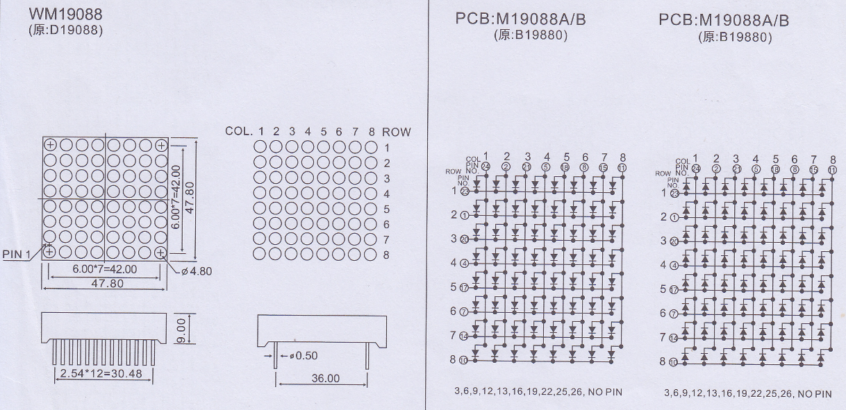 Dongguan keming led matrix 4.8mm fym19881aur, fym19881bur red 8x8 dot matrix display
