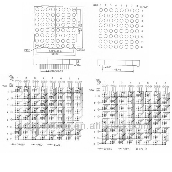 Full color 60.2x60.2mm 5mm 8x8 round dot matrix led display rgb