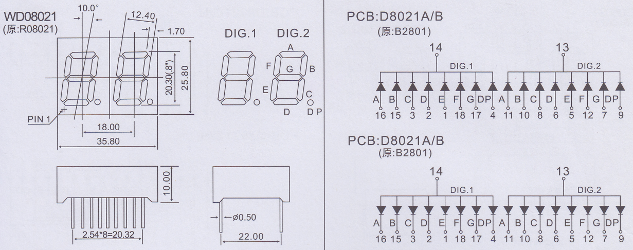 2 digit 7 segment led display 0.8''