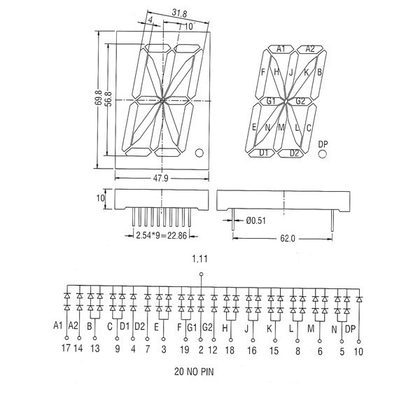 Alphanumeric 16 segment display, fys-23012a/bx-xx 2.3 inch 16 segment led display
