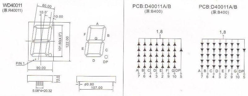 Common anode 4 inch a-4001sr-5 g/w super red large 7 segment led display