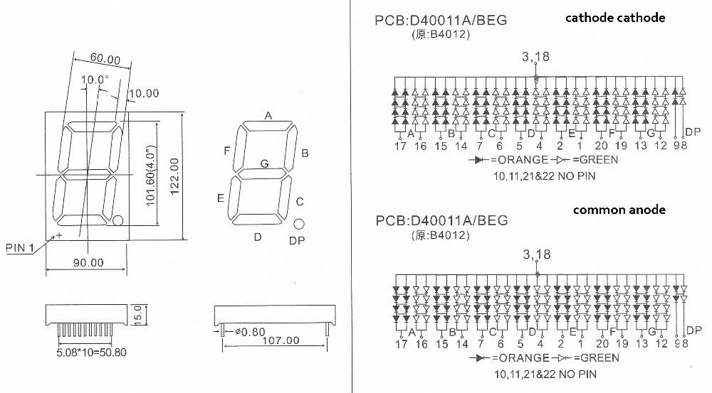 Common anode 4 inch a-4001sr-5 g/w super red large 7 segment led display