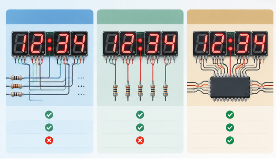 Table comparing three wiring options for decimal point and colon segments