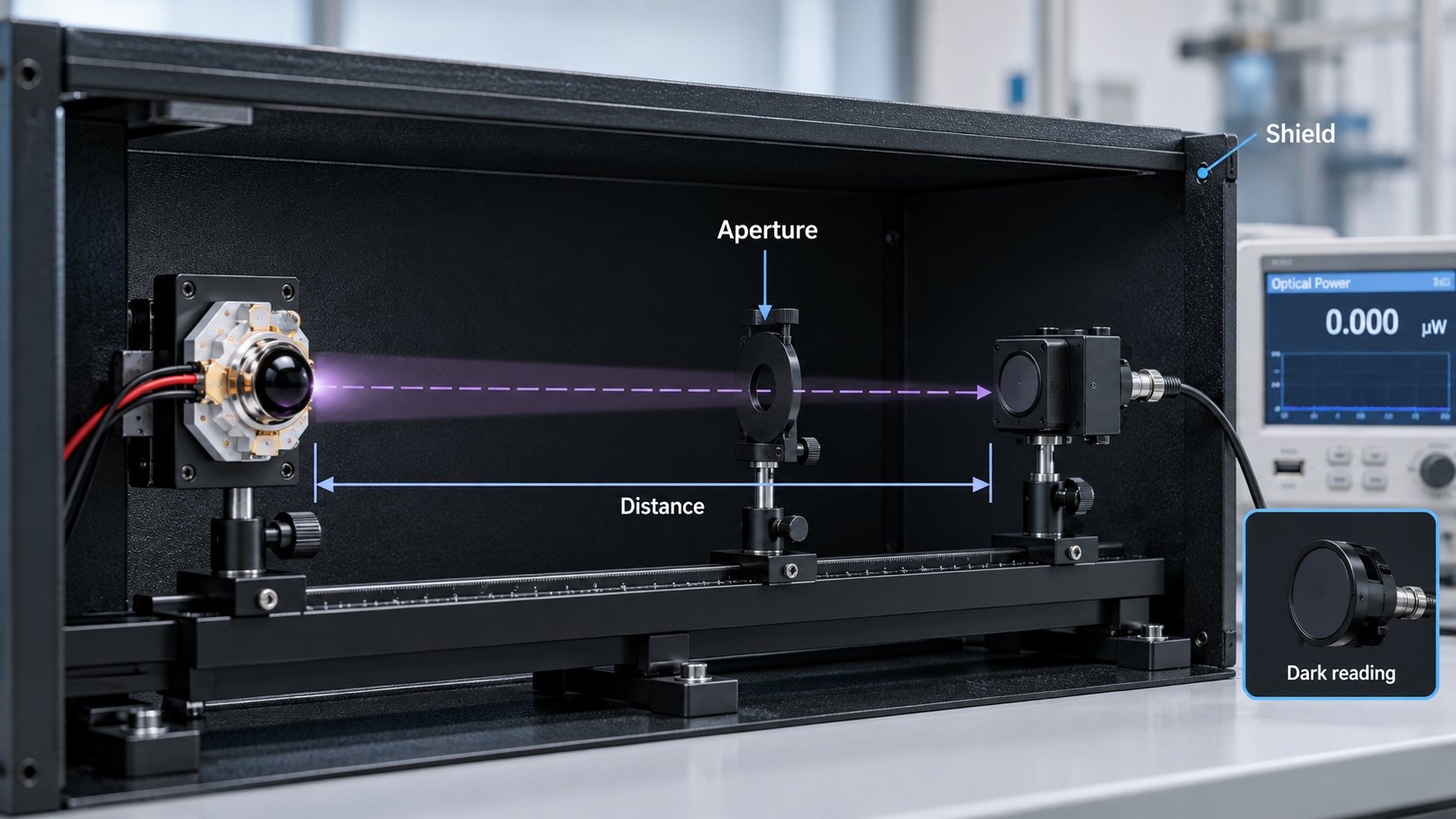 Diagram of an infrared LED measurement bench showing axis, distance, aperture and ambient shielding