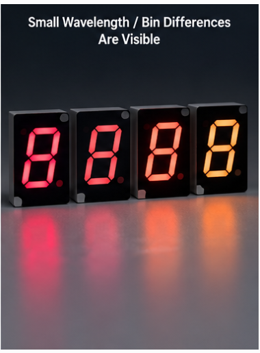 Row of same-colour illuminated numeric LED indicators placed side by side, showing subtle differences in appearance between units