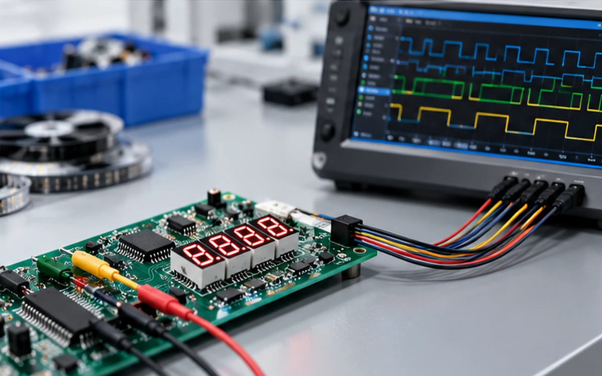 Engineer probing a multi-digit display board with a logic analyser