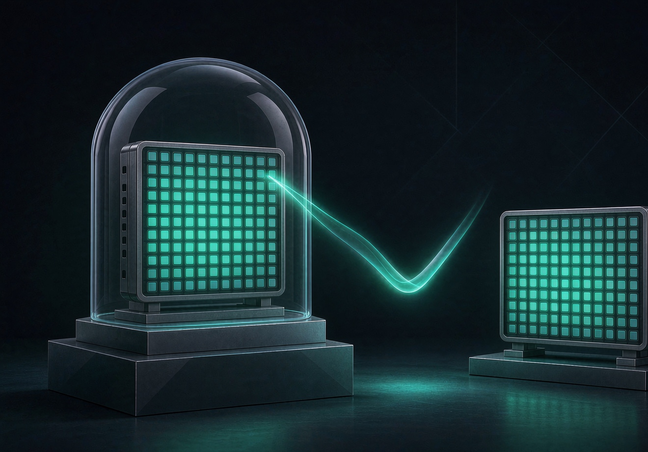 Conceptual illustration of a reference LED display module under a glass dome beside a matching production unit