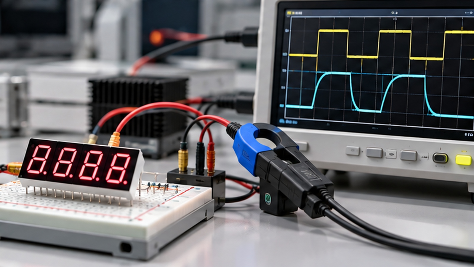 Bench setup measuring current draw on a running multi-digit display