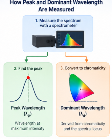 Flow diagram showing a spectrum measured by spectrometer then split into a peak-detection branch and a chromaticity conversion branch for dominant wavelength