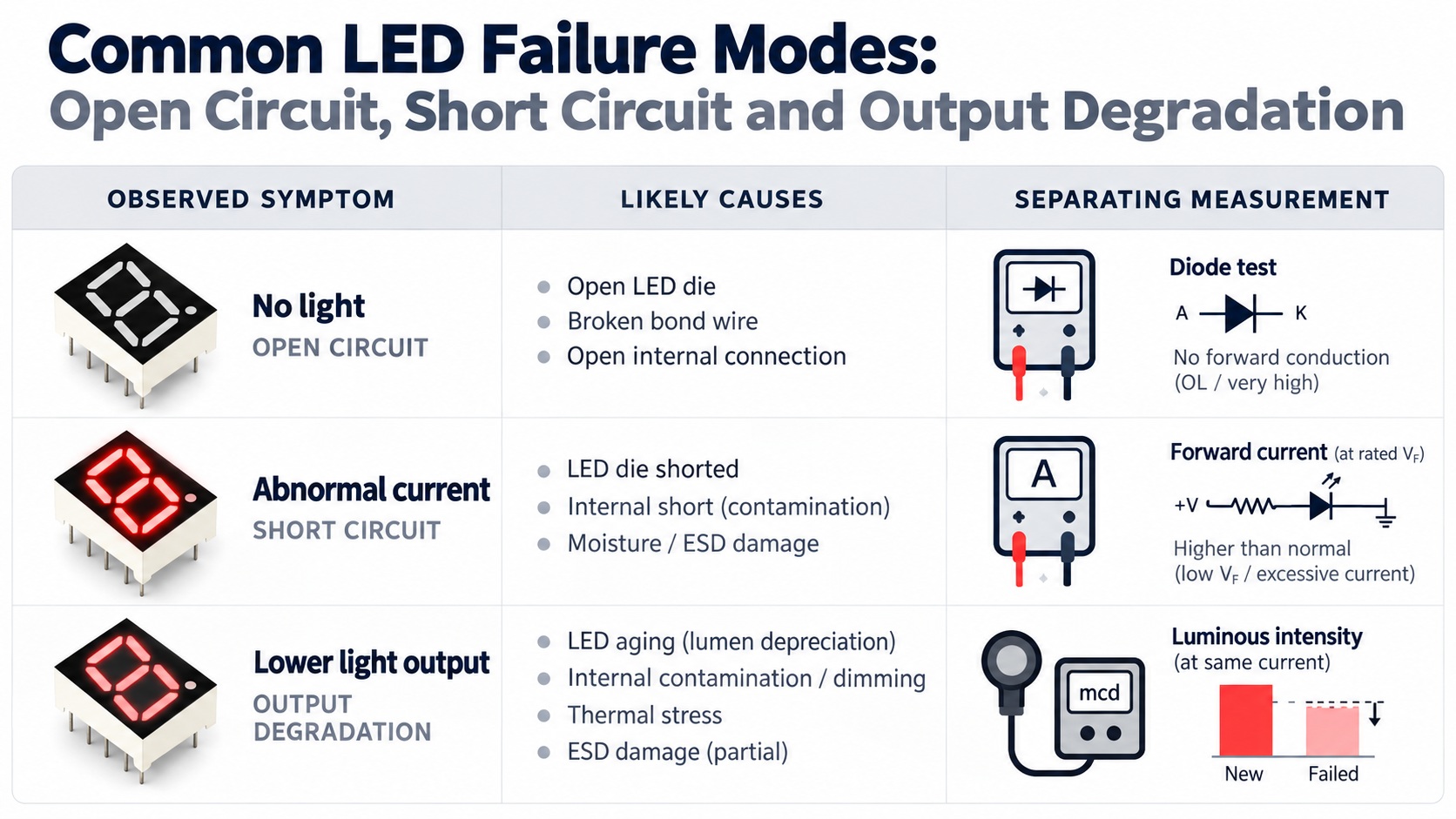 Table mapping LED failure symptoms to the measurement that separates their causes