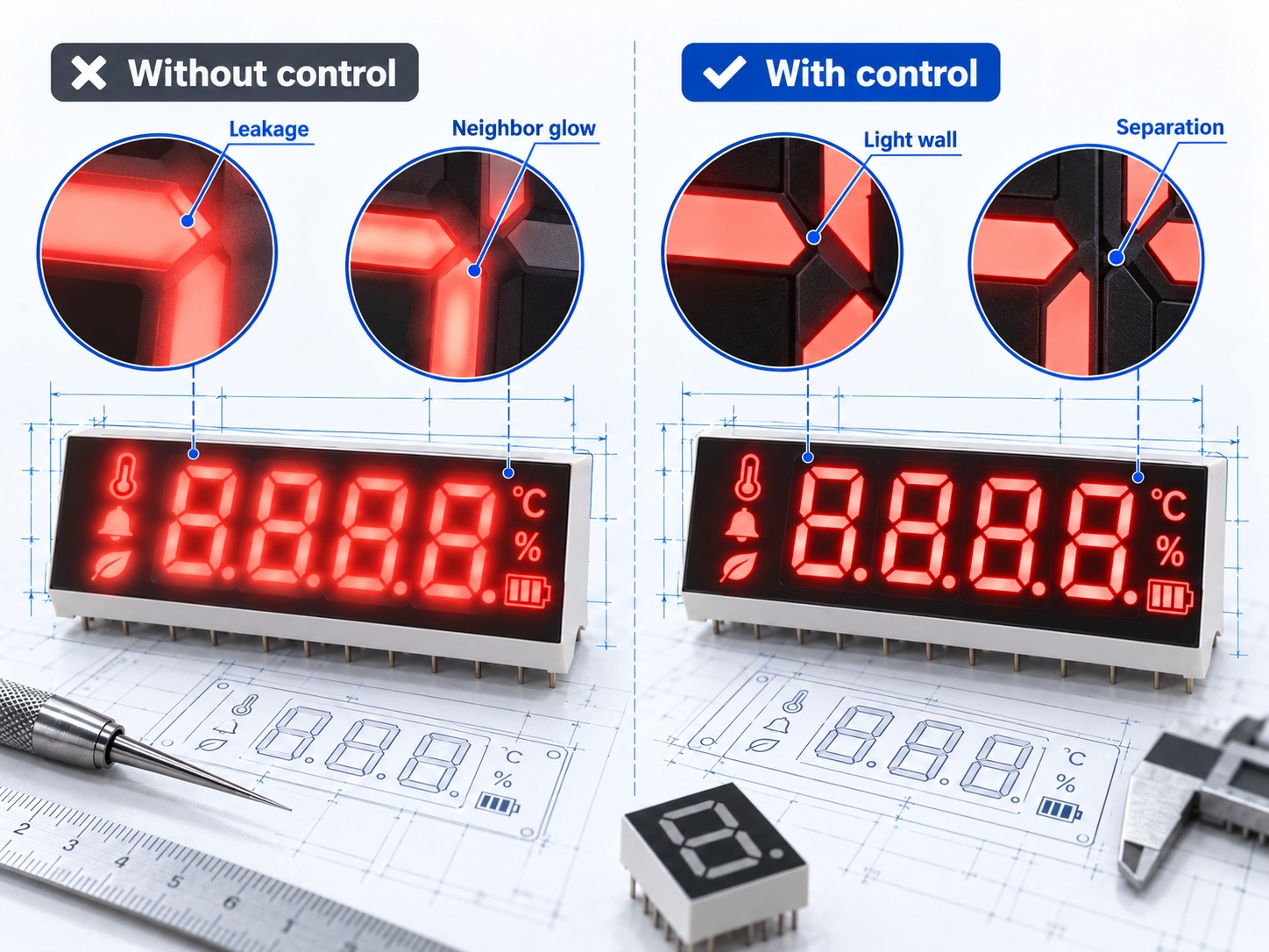 Icon with and without light control showing leakage between elements