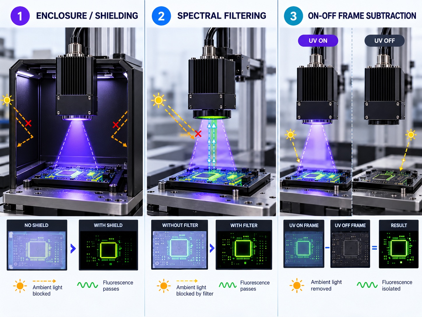 Three strategies for rejecting ambient light in UV fluorescence inspection