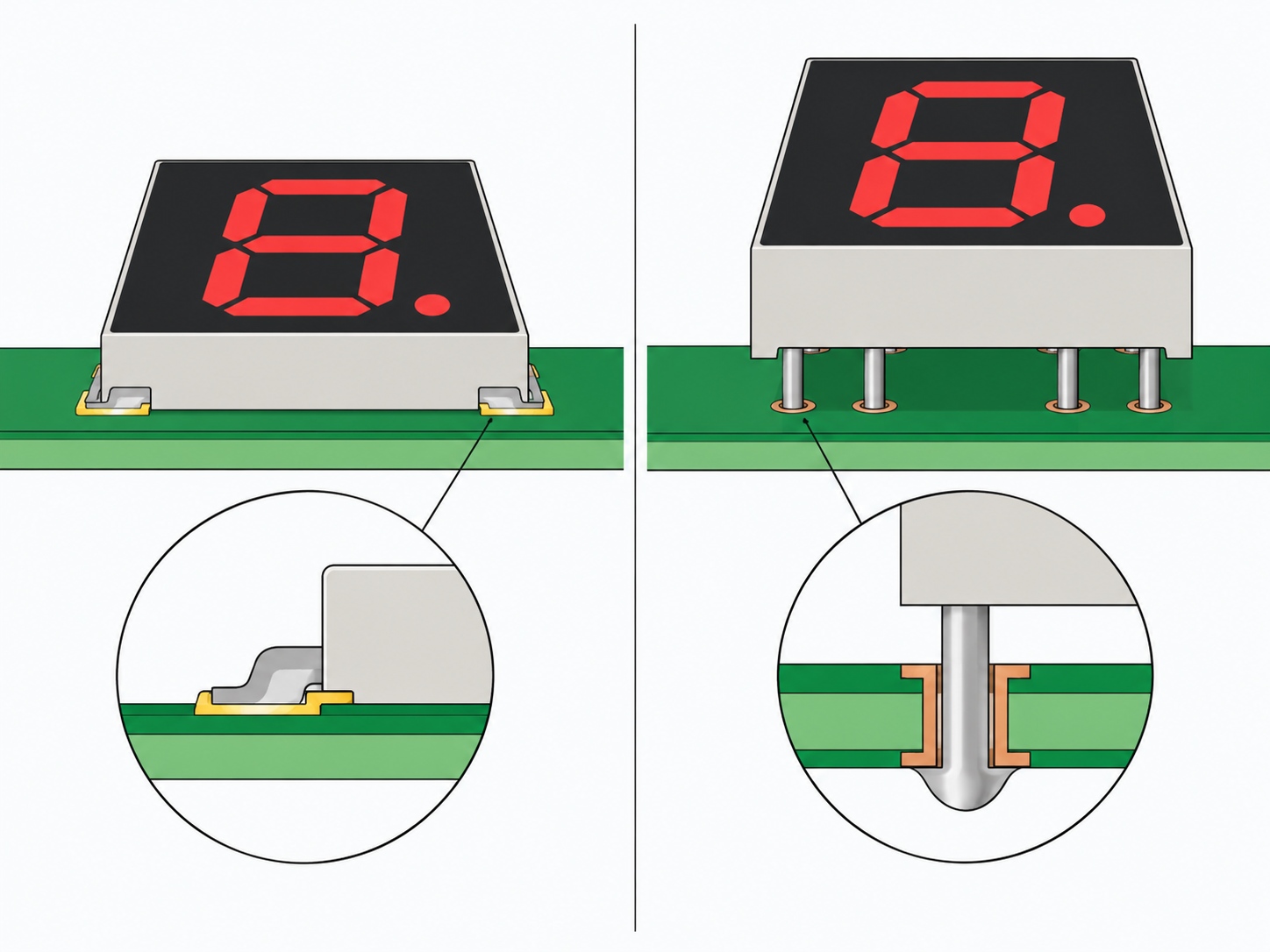Side-by-side cross-section of a surface-mount display sitting on PCB pads and a through-hole display with pins passing through the board