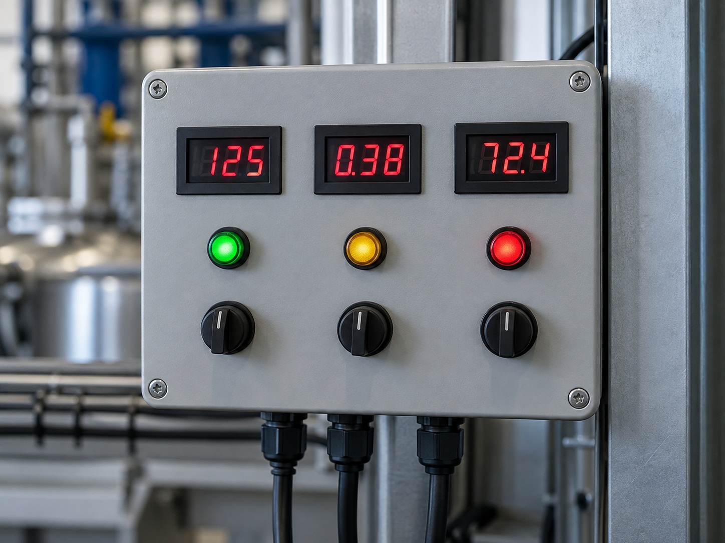 Compact industrial control panel faceplate with three small 7 segment displays showing red numeric values