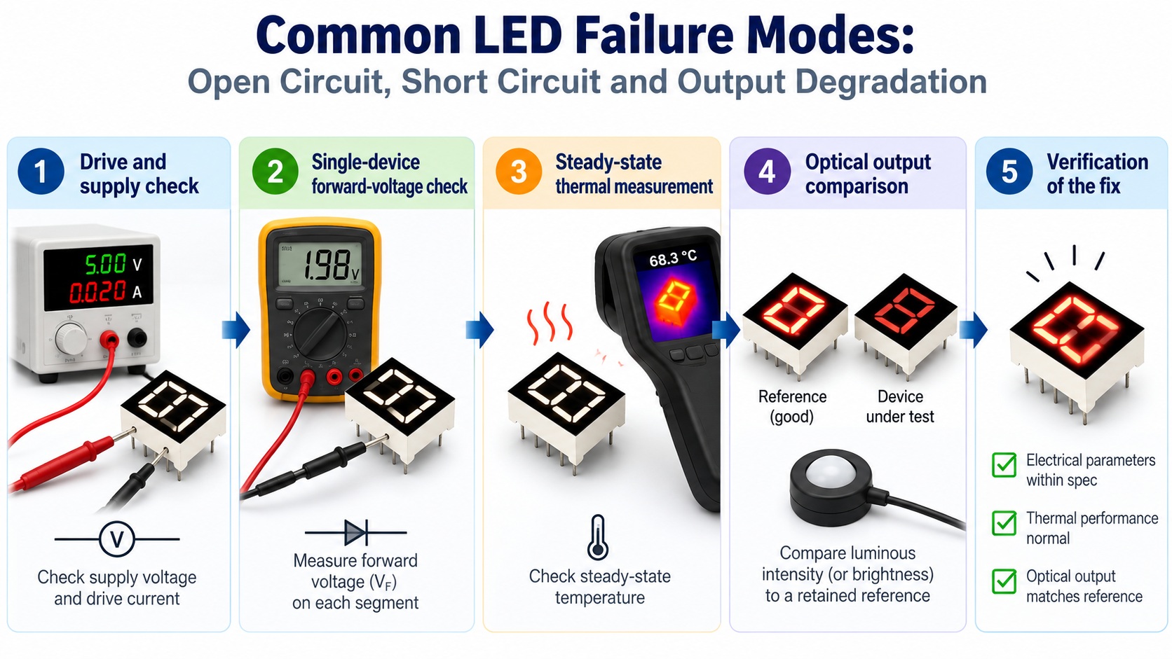 Five-step isolation flow for diagnosing an LED failure